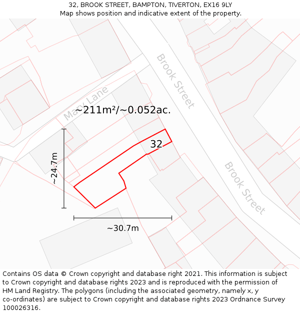 32, BROOK STREET, BAMPTON, TIVERTON, EX16 9LY: Plot and title map