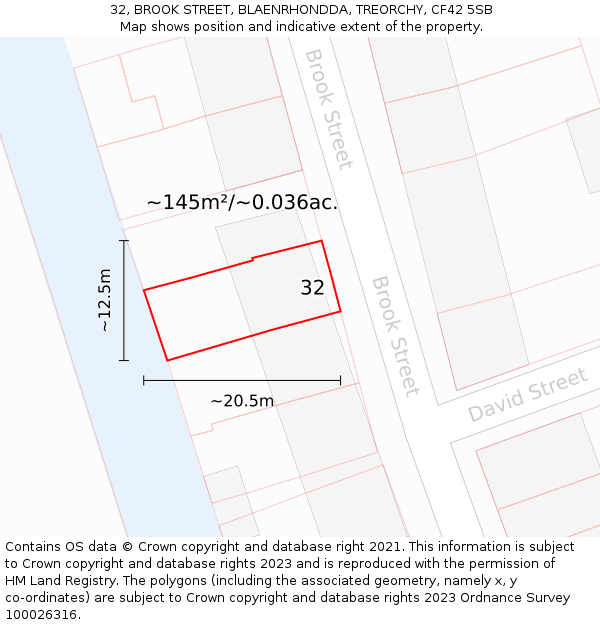 32, BROOK STREET, BLAENRHONDDA, TREORCHY, CF42 5SB: Plot and title map