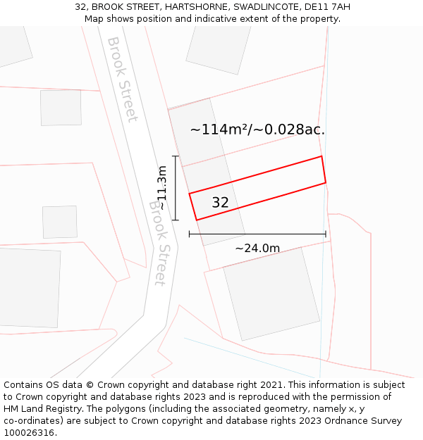 32, BROOK STREET, HARTSHORNE, SWADLINCOTE, DE11 7AH: Plot and title map