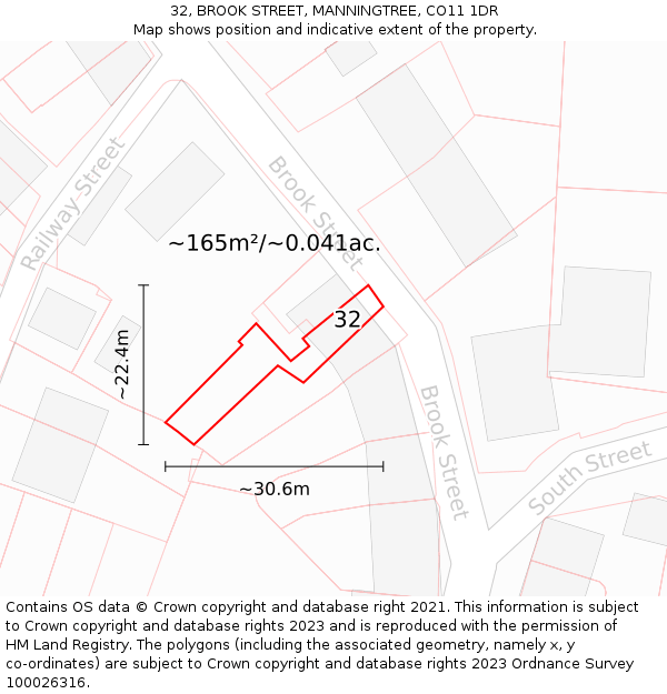32, BROOK STREET, MANNINGTREE, CO11 1DR: Plot and title map