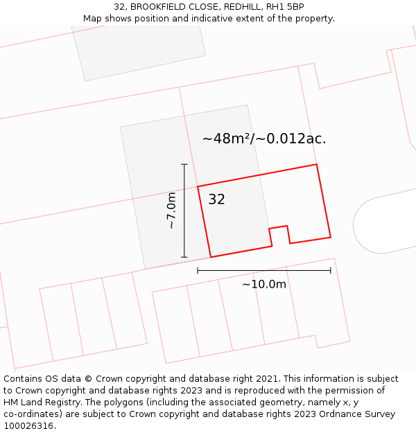 32, BROOKFIELD CLOSE, REDHILL, RH1 5BP: Plot and title map