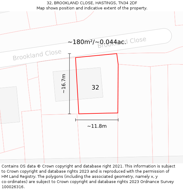 32, BROOKLAND CLOSE, HASTINGS, TN34 2DF: Plot and title map