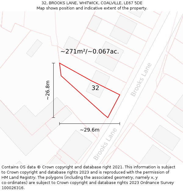 32, BROOKS LANE, WHITWICK, COALVILLE, LE67 5DE: Plot and title map