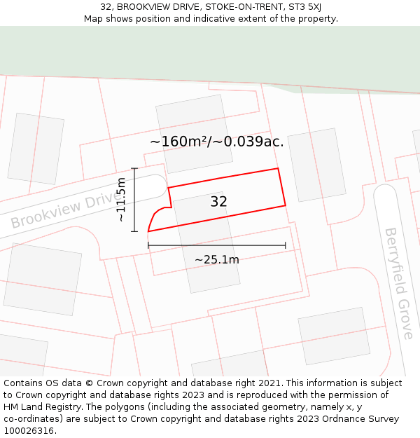 32, BROOKVIEW DRIVE, STOKE-ON-TRENT, ST3 5XJ: Plot and title map