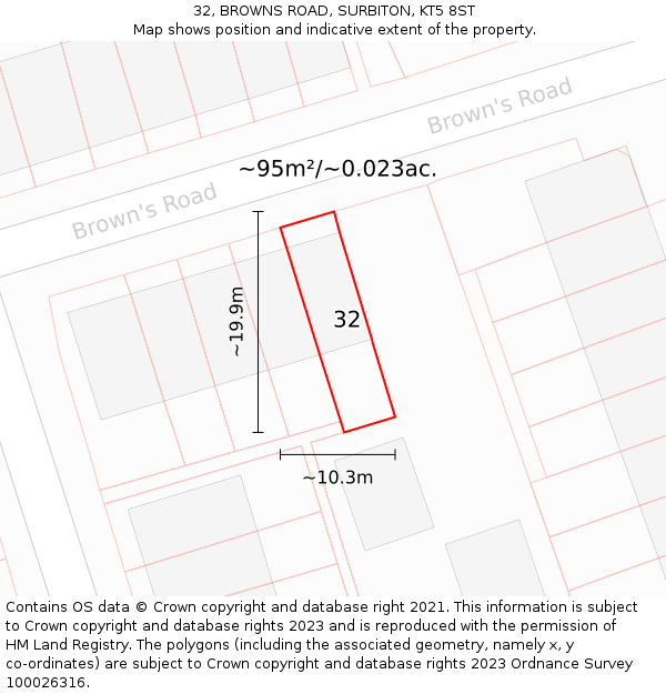 32, BROWNS ROAD, SURBITON, KT5 8ST: Plot and title map