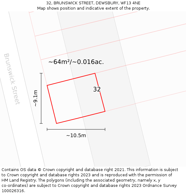 32, BRUNSWICK STREET, DEWSBURY, WF13 4NE: Plot and title map