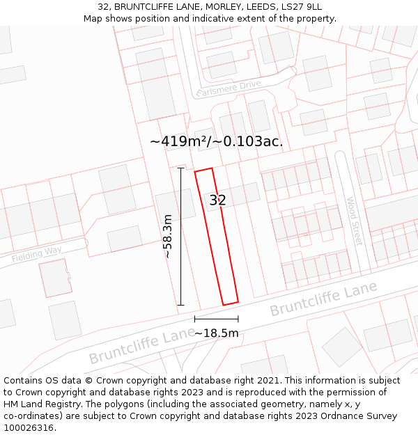 32, BRUNTCLIFFE LANE, MORLEY, LEEDS, LS27 9LL: Plot and title map