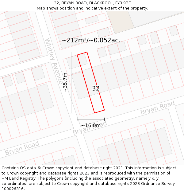 32, BRYAN ROAD, BLACKPOOL, FY3 9BE: Plot and title map