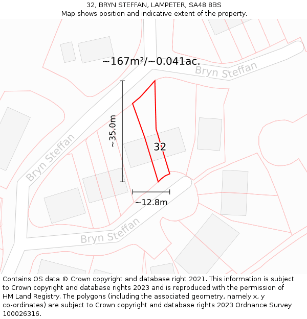 32, BRYN STEFFAN, LAMPETER, SA48 8BS: Plot and title map
