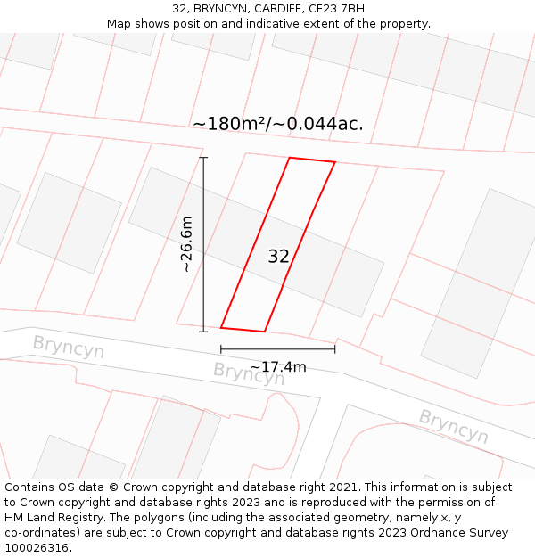 32, BRYNCYN, CARDIFF, CF23 7BH: Plot and title map