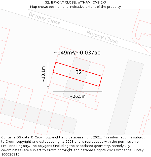 32, BRYONY CLOSE, WITHAM, CM8 2XF: Plot and title map