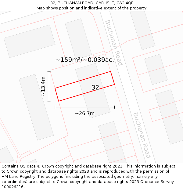 32, BUCHANAN ROAD, CARLISLE, CA2 4QE: Plot and title map