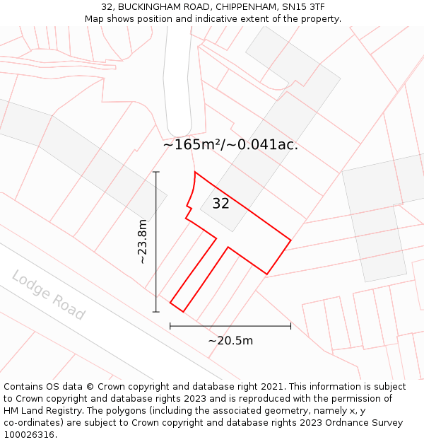 32, BUCKINGHAM ROAD, CHIPPENHAM, SN15 3TF: Plot and title map