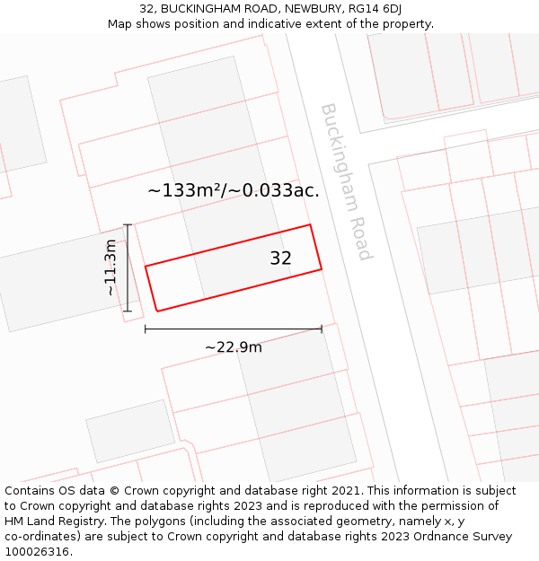 32, BUCKINGHAM ROAD, NEWBURY, RG14 6DJ: Plot and title map