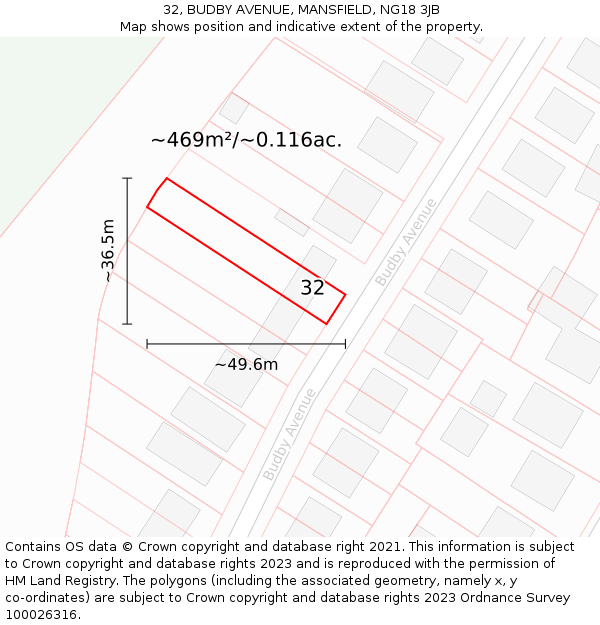32, BUDBY AVENUE, MANSFIELD, NG18 3JB: Plot and title map