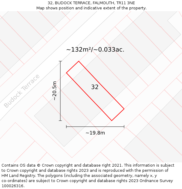 32, BUDOCK TERRACE, FALMOUTH, TR11 3NE: Plot and title map