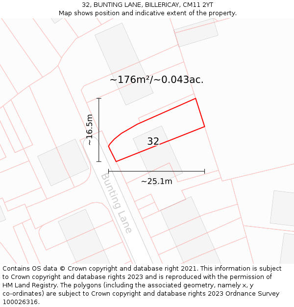 32, BUNTING LANE, BILLERICAY, CM11 2YT: Plot and title map