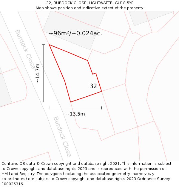 32, BURDOCK CLOSE, LIGHTWATER, GU18 5YP: Plot and title map