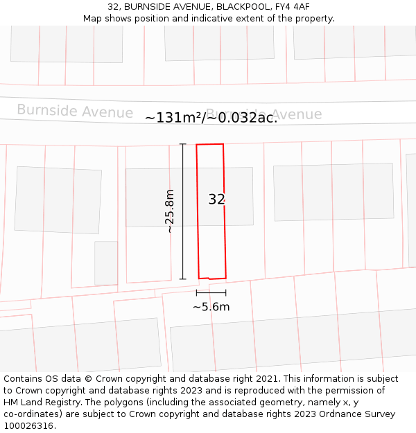 32, BURNSIDE AVENUE, BLACKPOOL, FY4 4AF: Plot and title map