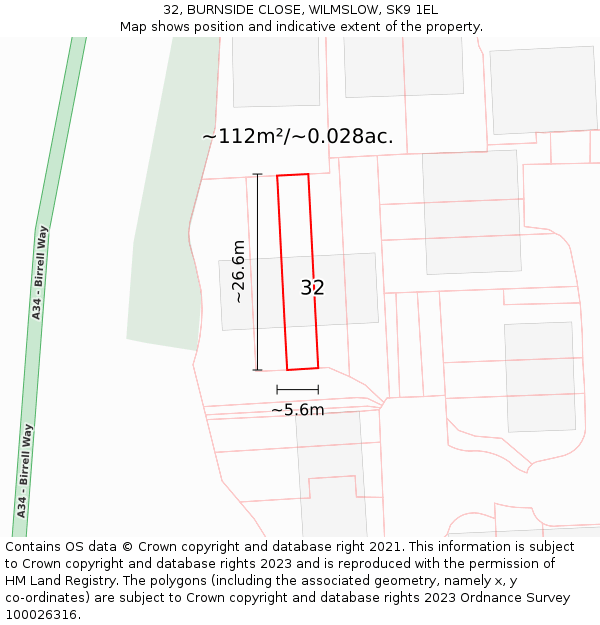 32, BURNSIDE CLOSE, WILMSLOW, SK9 1EL: Plot and title map