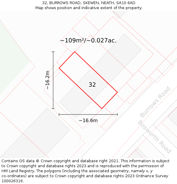 32, BURROWS ROAD, SKEWEN, NEATH, SA10 6AD: Plot and title map