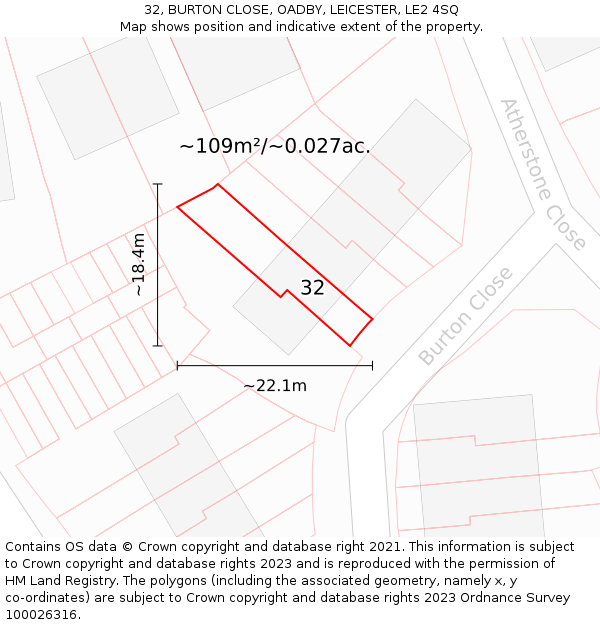 32, BURTON CLOSE, OADBY, LEICESTER, LE2 4SQ: Plot and title map