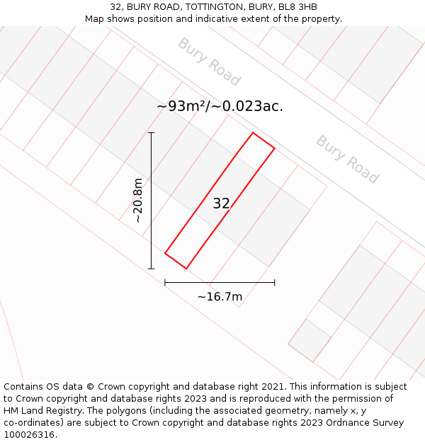 32, BURY ROAD, TOTTINGTON, BURY, BL8 3HB: Plot and title map