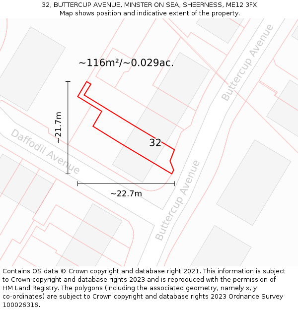 32, BUTTERCUP AVENUE, MINSTER ON SEA, SHEERNESS, ME12 3FX: Plot and title map