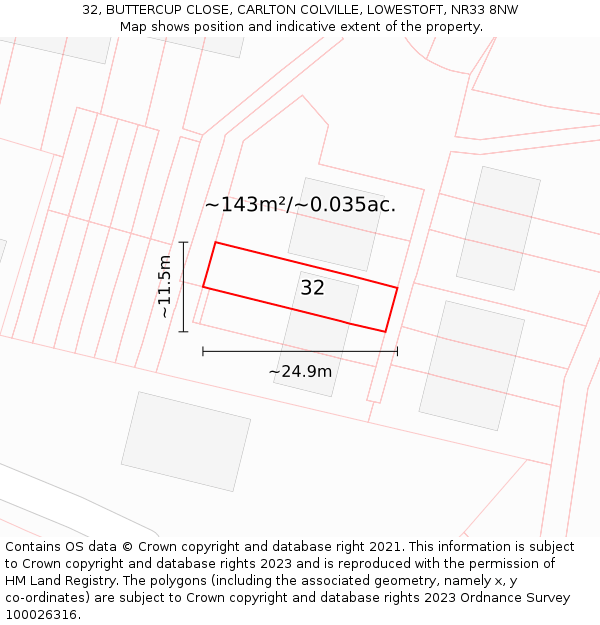 32, BUTTERCUP CLOSE, CARLTON COLVILLE, LOWESTOFT, NR33 8NW: Plot and title map