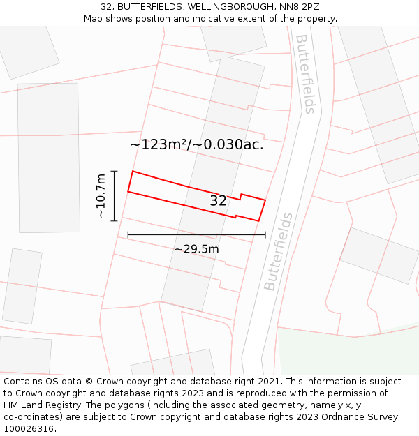 32, BUTTERFIELDS, WELLINGBOROUGH, NN8 2PZ: Plot and title map