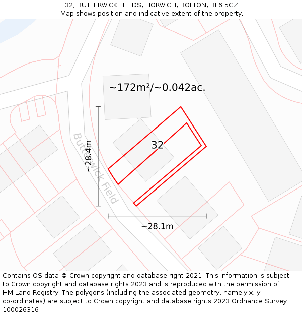 32, BUTTERWICK FIELDS, HORWICH, BOLTON, BL6 5GZ: Plot and title map