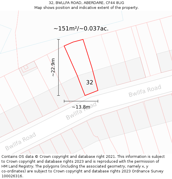 32, BWLLFA ROAD, ABERDARE, CF44 8UG: Plot and title map