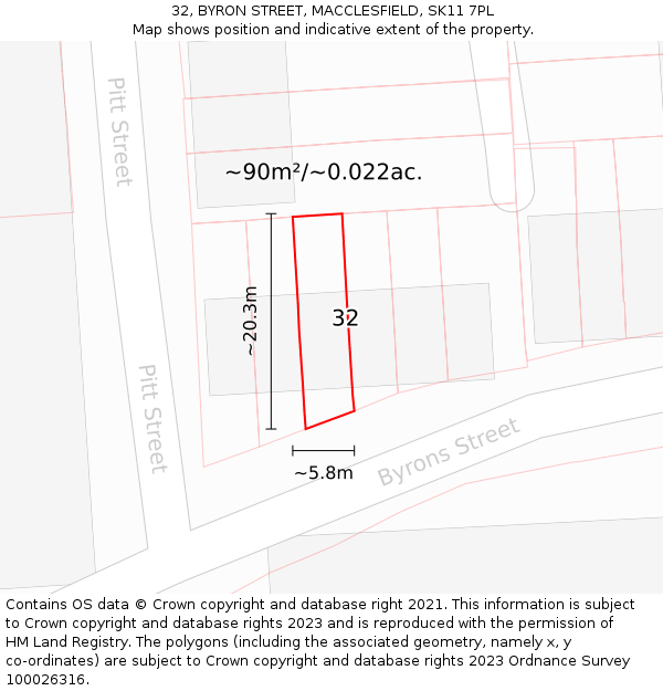 32, BYRON STREET, MACCLESFIELD, SK11 7PL: Plot and title map
