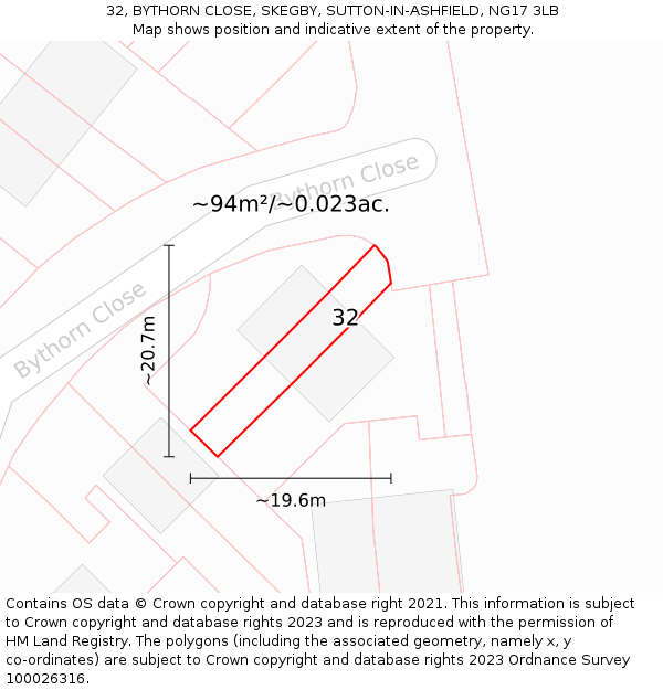 32, BYTHORN CLOSE, SKEGBY, SUTTON-IN-ASHFIELD, NG17 3LB: Plot and title map