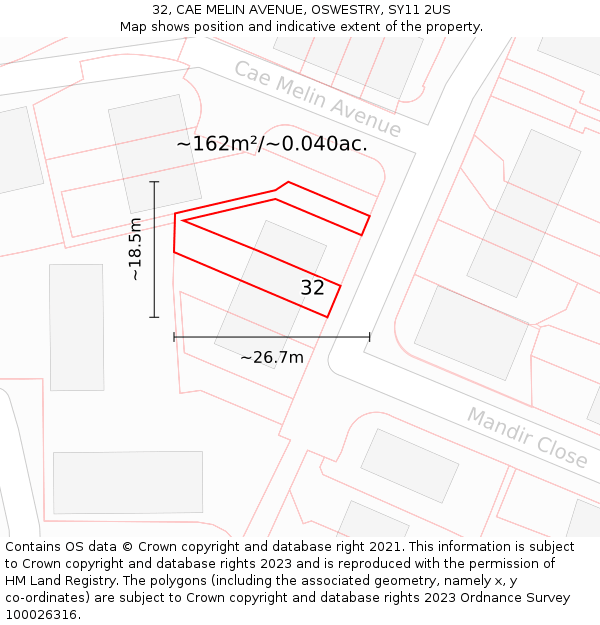 32, CAE MELIN AVENUE, OSWESTRY, SY11 2US: Plot and title map