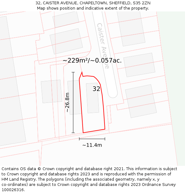32, CAISTER AVENUE, CHAPELTOWN, SHEFFIELD, S35 2ZN: Plot and title map