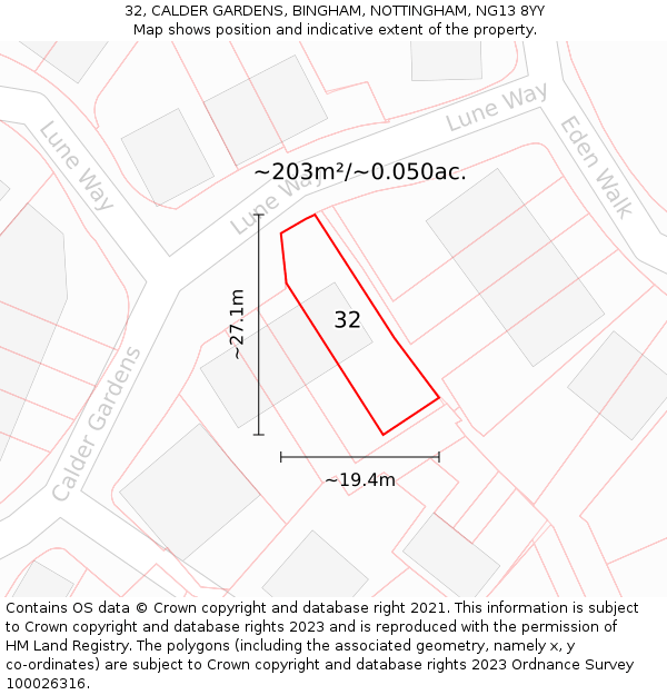 32, CALDER GARDENS, BINGHAM, NOTTINGHAM, NG13 8YY: Plot and title map