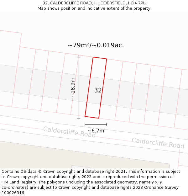32, CALDERCLIFFE ROAD, HUDDERSFIELD, HD4 7PU: Plot and title map