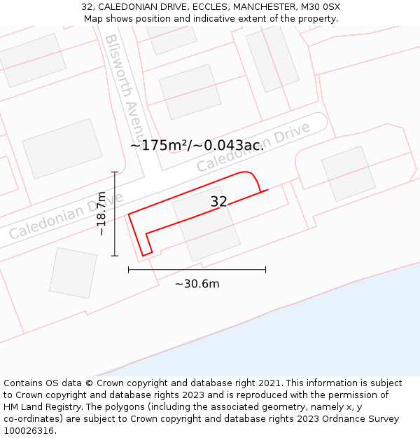 32, CALEDONIAN DRIVE, ECCLES, MANCHESTER, M30 0SX: Plot and title map