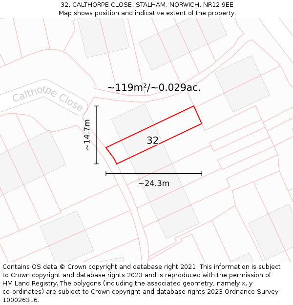 32, CALTHORPE CLOSE, STALHAM, NORWICH, NR12 9EE: Plot and title map