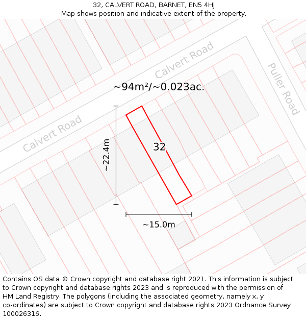 32, CALVERT ROAD, BARNET, EN5 4HJ: Plot and title map