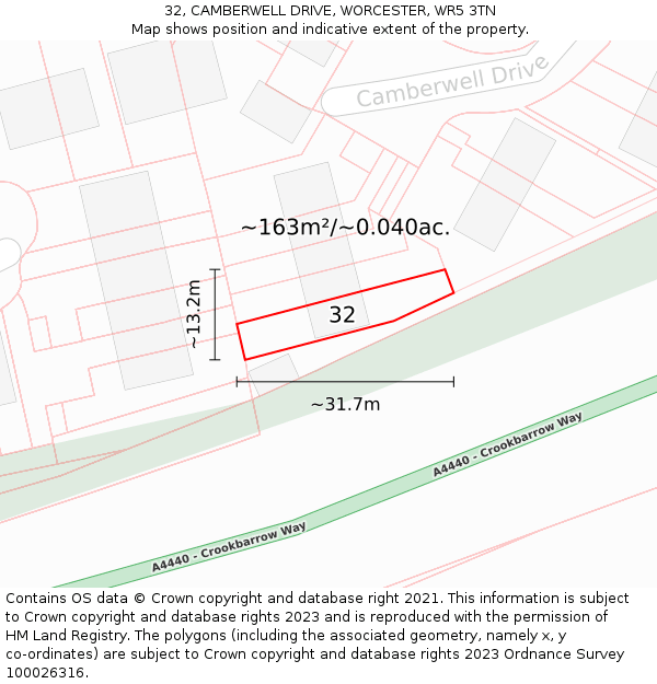 32, CAMBERWELL DRIVE, WORCESTER, WR5 3TN: Plot and title map