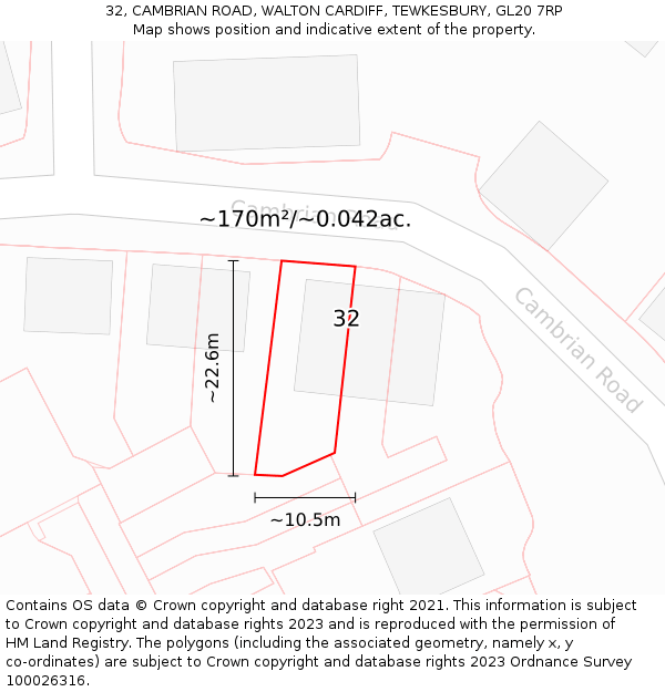 32, CAMBRIAN ROAD, WALTON CARDIFF, TEWKESBURY, GL20 7RP: Plot and title map