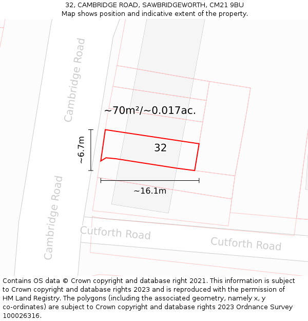32, CAMBRIDGE ROAD, SAWBRIDGEWORTH, CM21 9BU: Plot and title map