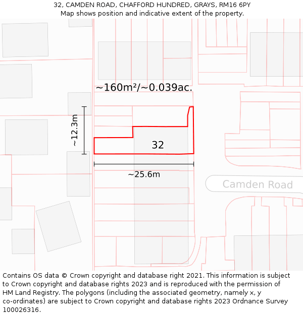32, CAMDEN ROAD, CHAFFORD HUNDRED, GRAYS, RM16 6PY: Plot and title map