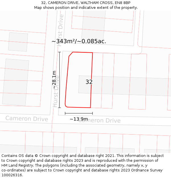 32, CAMERON DRIVE, WALTHAM CROSS, EN8 8BP: Plot and title map