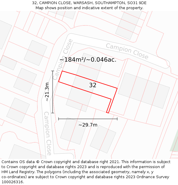 32, CAMPION CLOSE, WARSASH, SOUTHAMPTON, SO31 9DE: Plot and title map