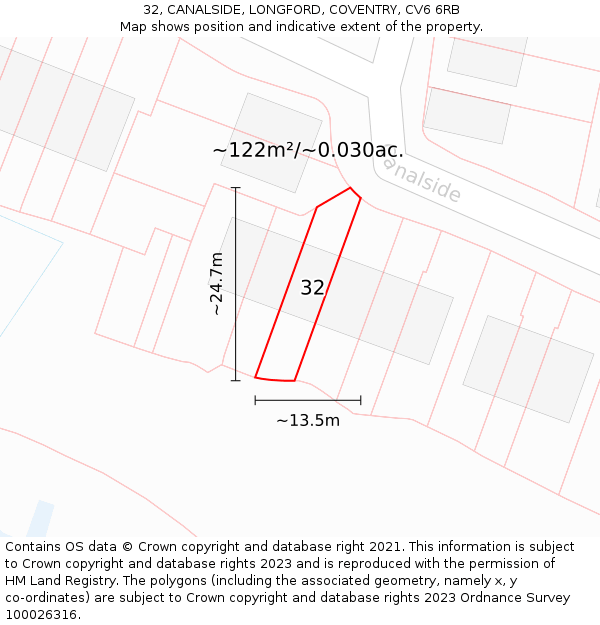 32, CANALSIDE, LONGFORD, COVENTRY, CV6 6RB: Plot and title map