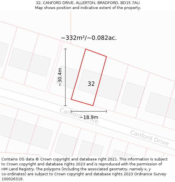 32, CANFORD DRIVE, ALLERTON, BRADFORD, BD15 7AU: Plot and title map
