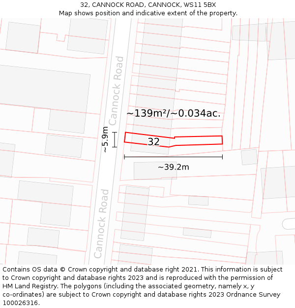 32, CANNOCK ROAD, CANNOCK, WS11 5BX: Plot and title map